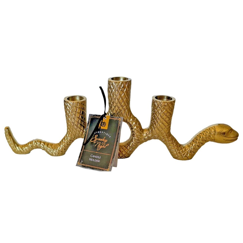 Spooky Night Halloween Brass Color Snake Triple Three Candle Stick Holder 14x5"